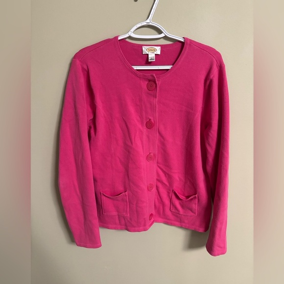 Talbots Size Large Bright Pink Long Sleeve Jersey Knit Button Sweater Cardigan - Picture 1 of 7